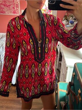 Red Boho Ikat Tunic Top with Navy Trim